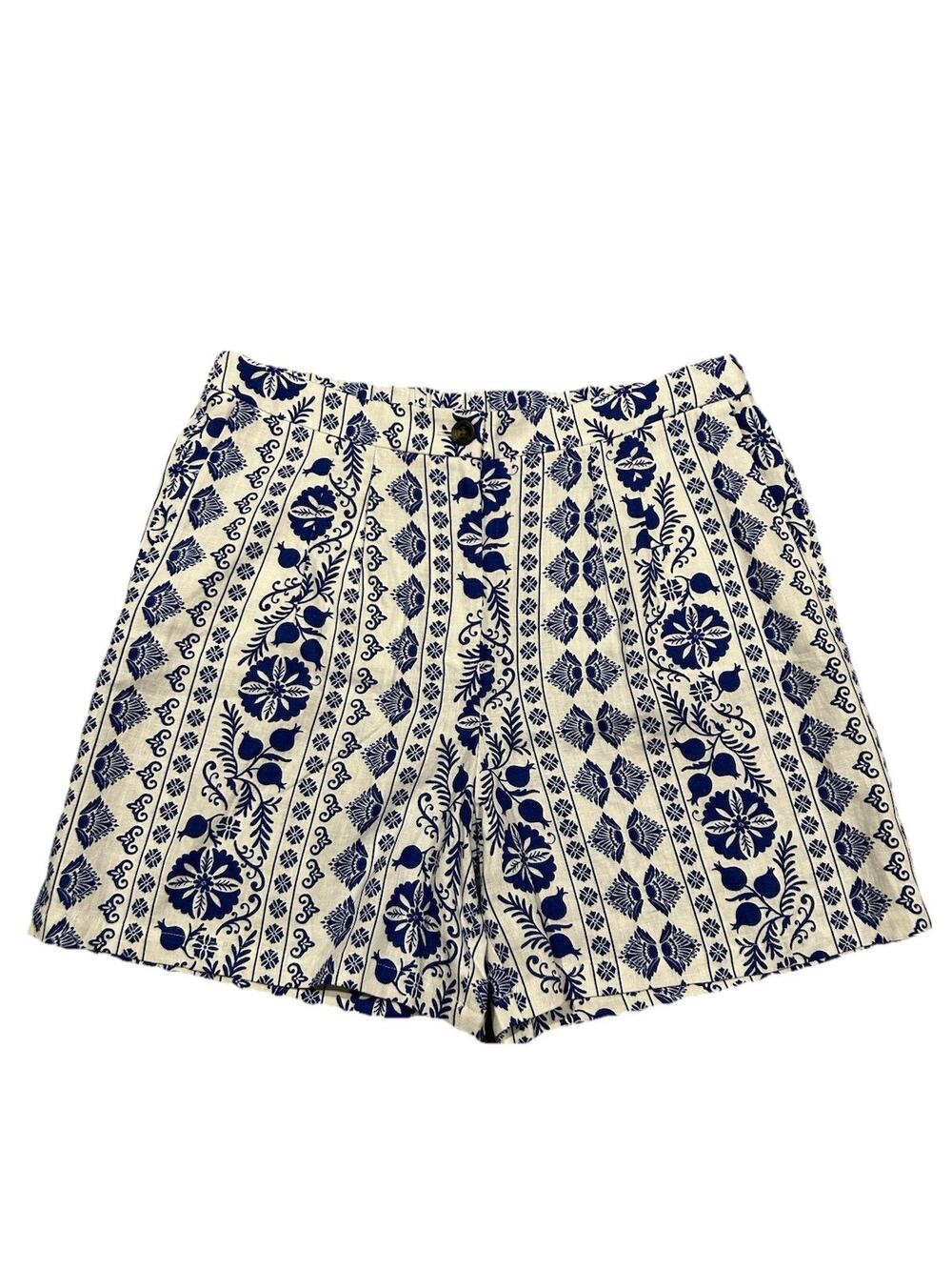 Boden Size 14 Dulwich Shorts Blue Ornate Border Print Linen Chino Preppy NEW F26